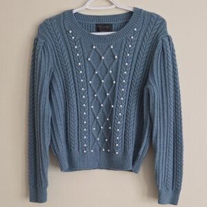 Gracia Blue Cable Knit Sweater with Pearl Details